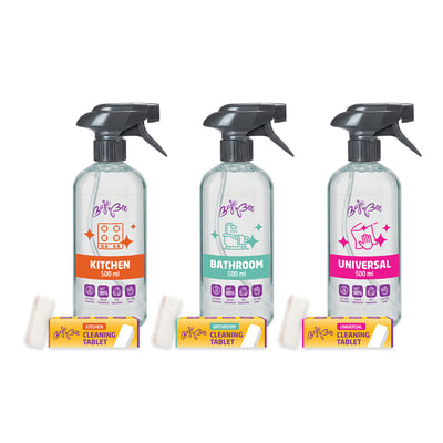 Starterpaket – Reinigungstabletten für Küche, Badezimmer und Universalreinigung – 3 Tabletten + 3 × Flasche